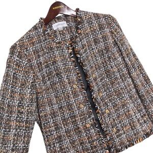 Calvin Klein 8 Brown Black Gold Logo Button Tweed Double Breasted Blazer Jacket‎